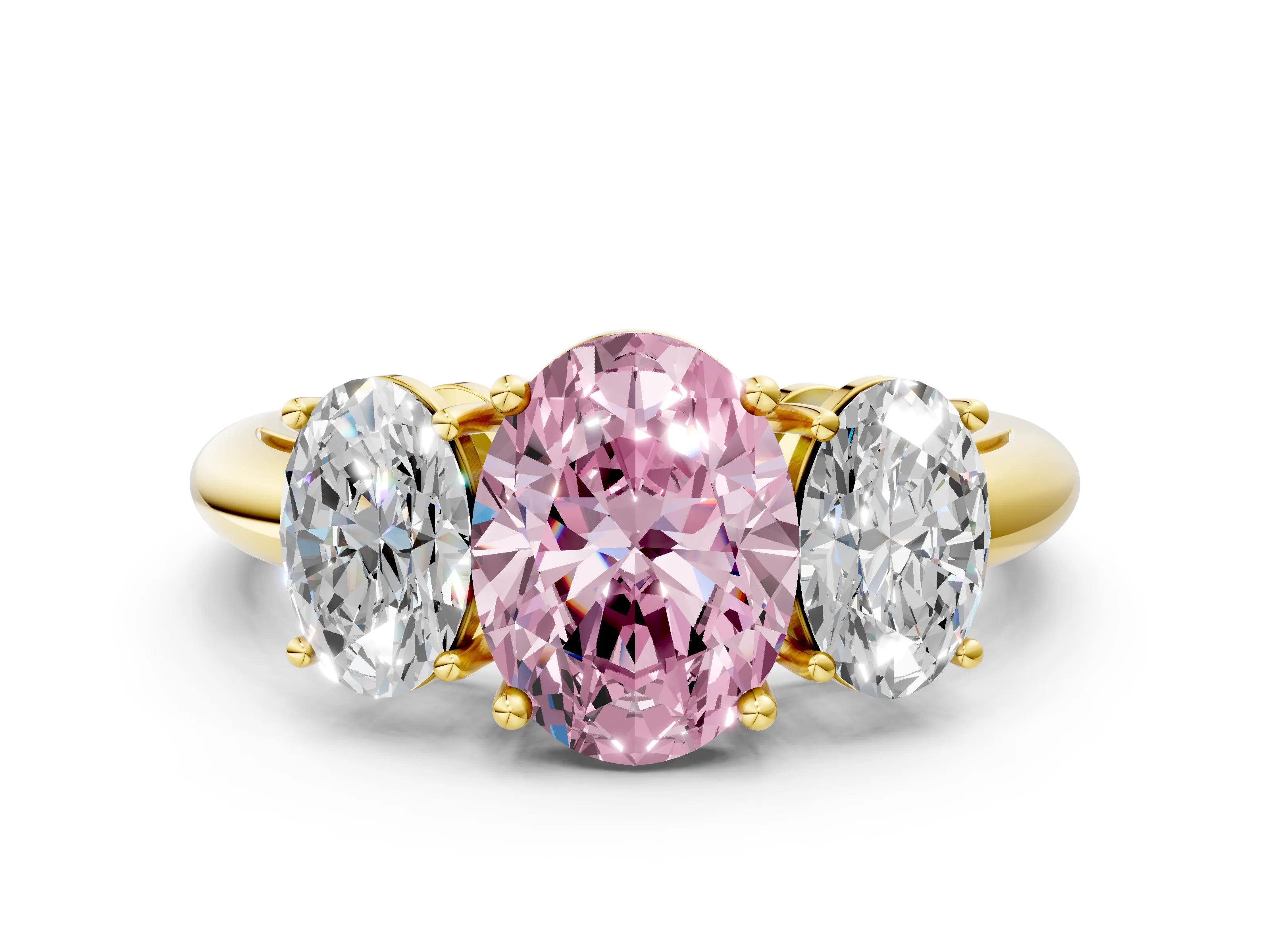 Yellow gold Three-Stone Fancy Pink Oval Cut Cut Diamond Engagement Ring with Prong Setting on a White Gold Band