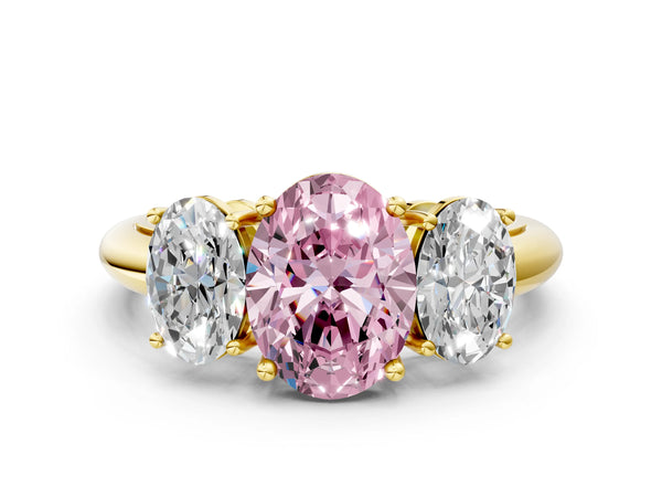 Yellow gold Three-Stone Fancy Pink Oval Cut Cut Diamond Engagement Ring with Prong Setting on a White Gold Band
