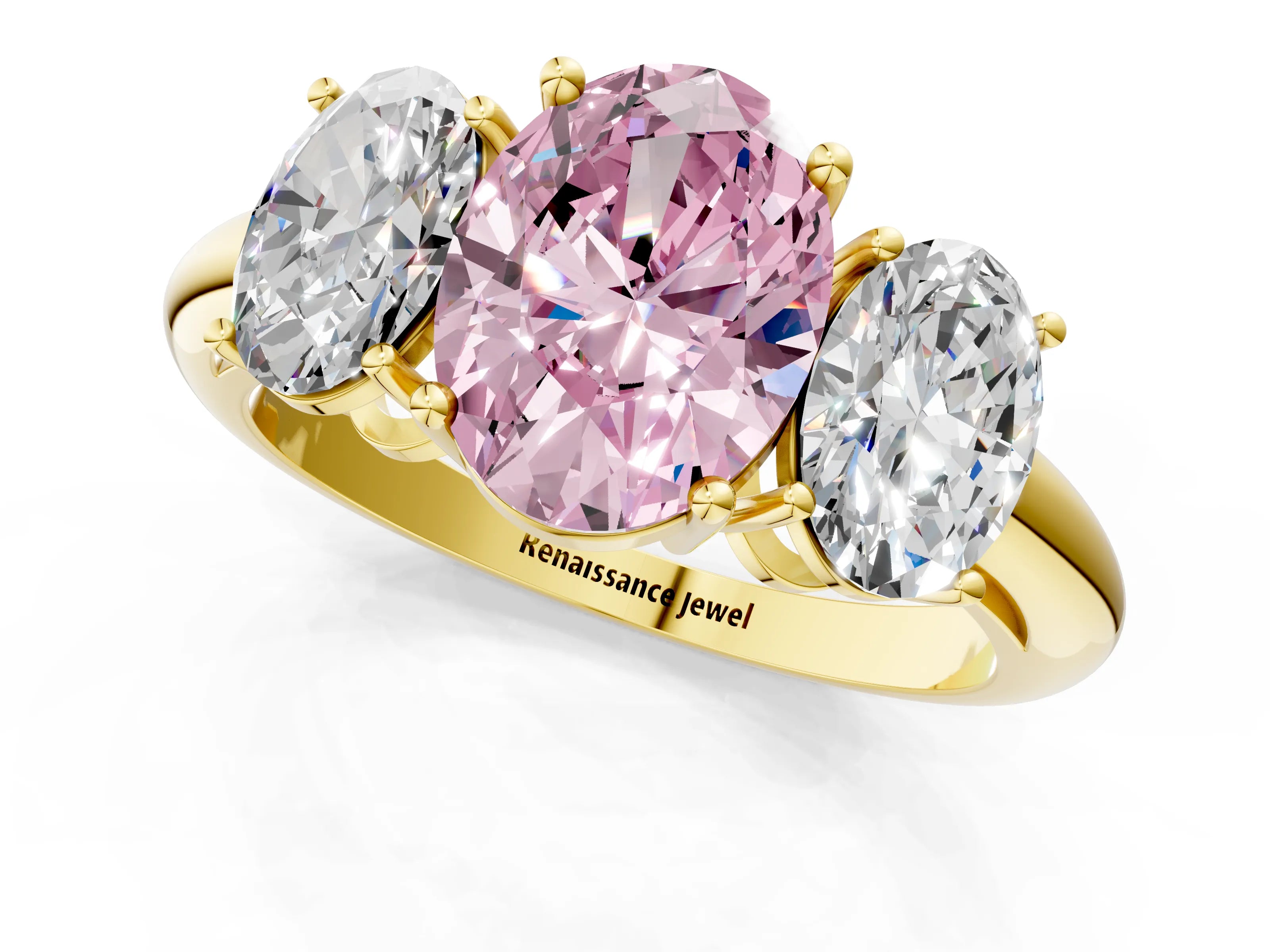 Yellow gold Three-Stone Fancy Pink Oval Cut Cut Diamond Engagement Ring with Prong Setting on a White Gold Band_1
