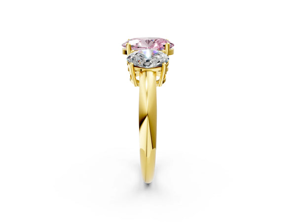 Yellow gold Three-Stone Fancy Pink Oval Cut Cut Diamond Engagement Ring with Prong Setting on a White Gold Band