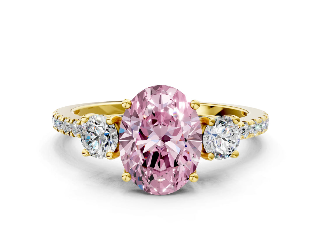 Yellow gold Three-Stone Fancy Pink Oval Cut Cut Diamond Pavé Band with Prong Setting_15