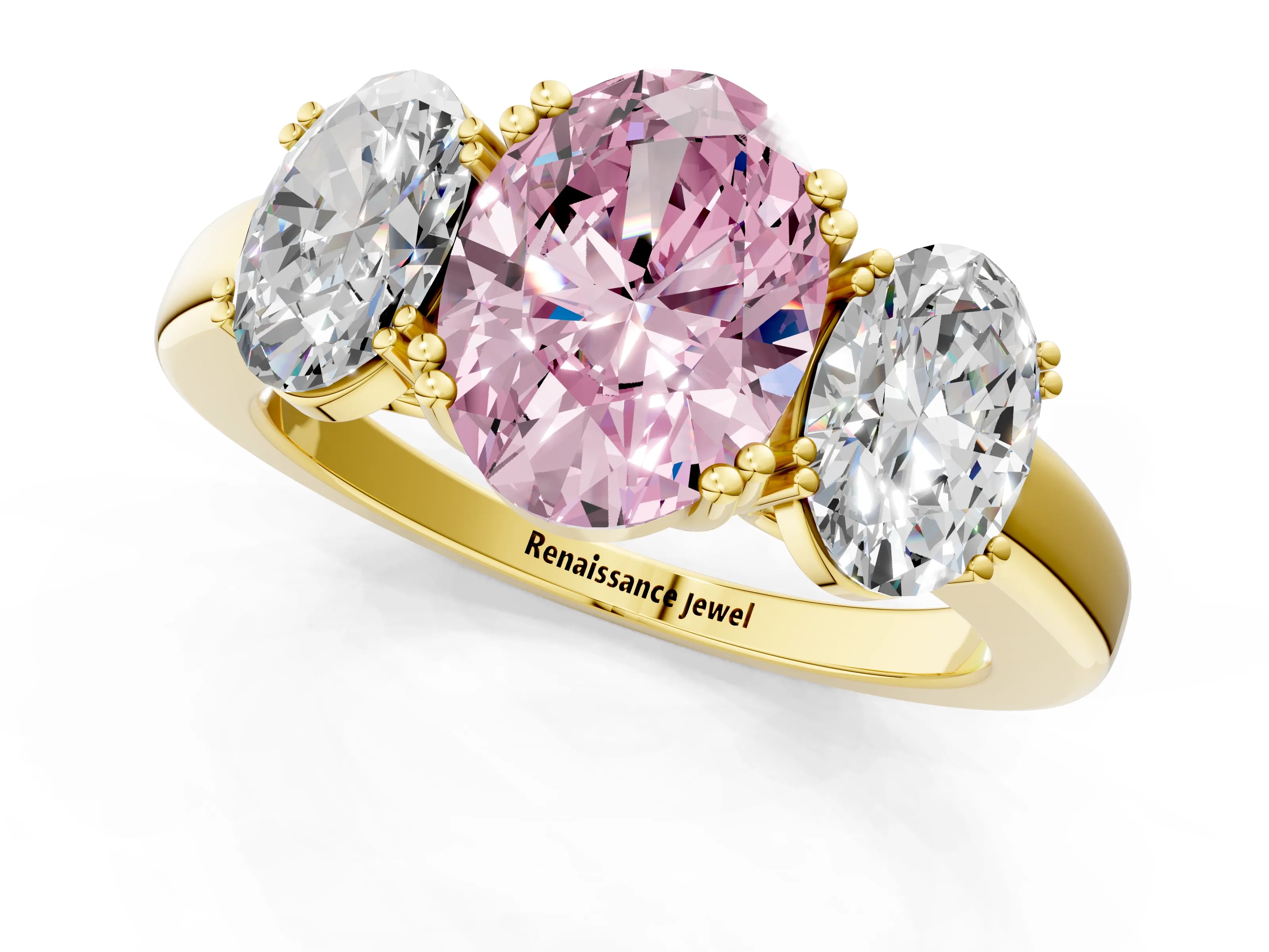 Yellow gold Three-Stone Fancy Pink Oval Cut Cut Diamond Ring with Channel Set Band and Four-Prong Setting_1