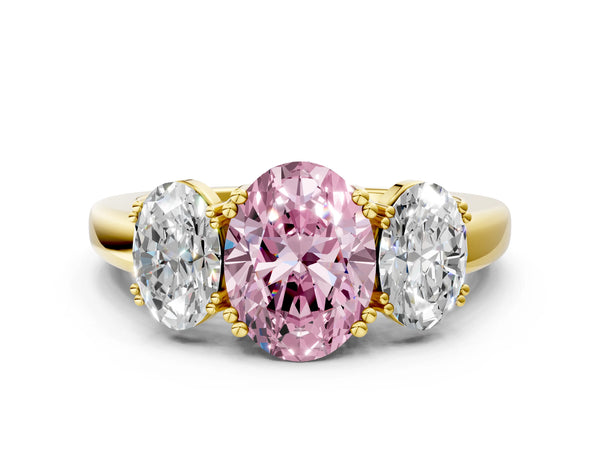 Yellow gold Three-Stone Fancy Pink Oval Cut Cut Diamond Ring with Channel Set Band and Four-Prong Setting