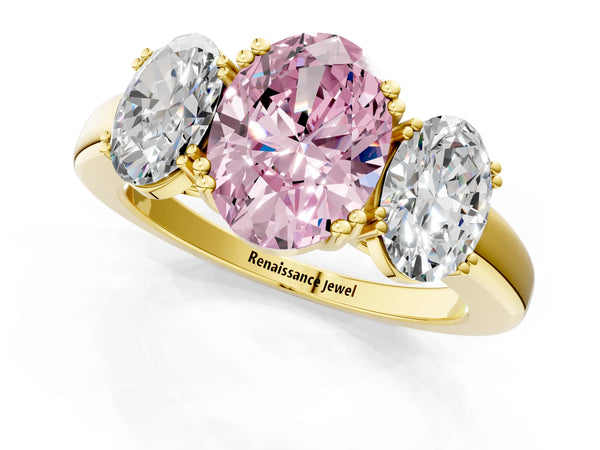 Yellow gold Three-Stone Fancy Pink Oval Cut Cut Diamond Ring with Channel Set Band and Four-Prong Setting