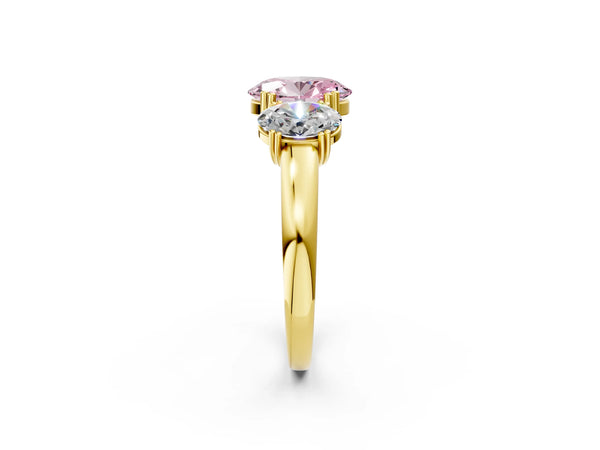 Yellow gold Three-Stone Fancy Pink Oval Cut Cut Diamond Ring with Channel Set Band and Four-Prong Setting
