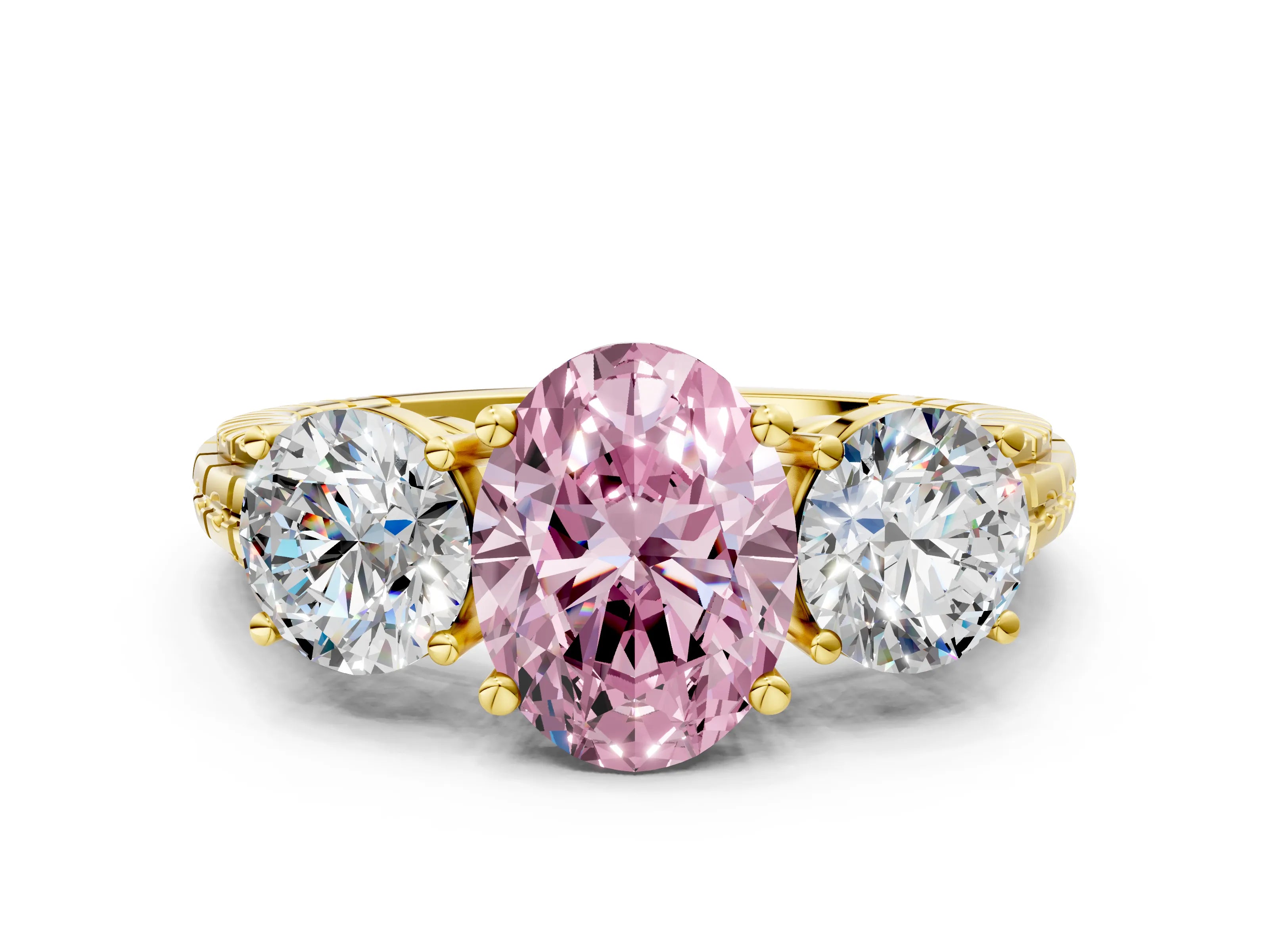 Yellow gold Three-Stone Fancy Pink Oval Cut Cut Diamond Ring with Channel-Set Band and Prong Setting