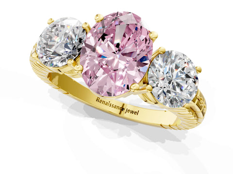 Yellow gold Three-Stone Fancy Pink Oval Cut Cut Diamond Ring with Channel-Set Band and Prong Setting_1