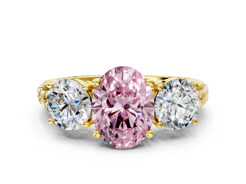 Yellow gold Three-Stone Fancy Pink Oval Cut Cut Diamond Ring with Channel-Set Band and Prong Setting