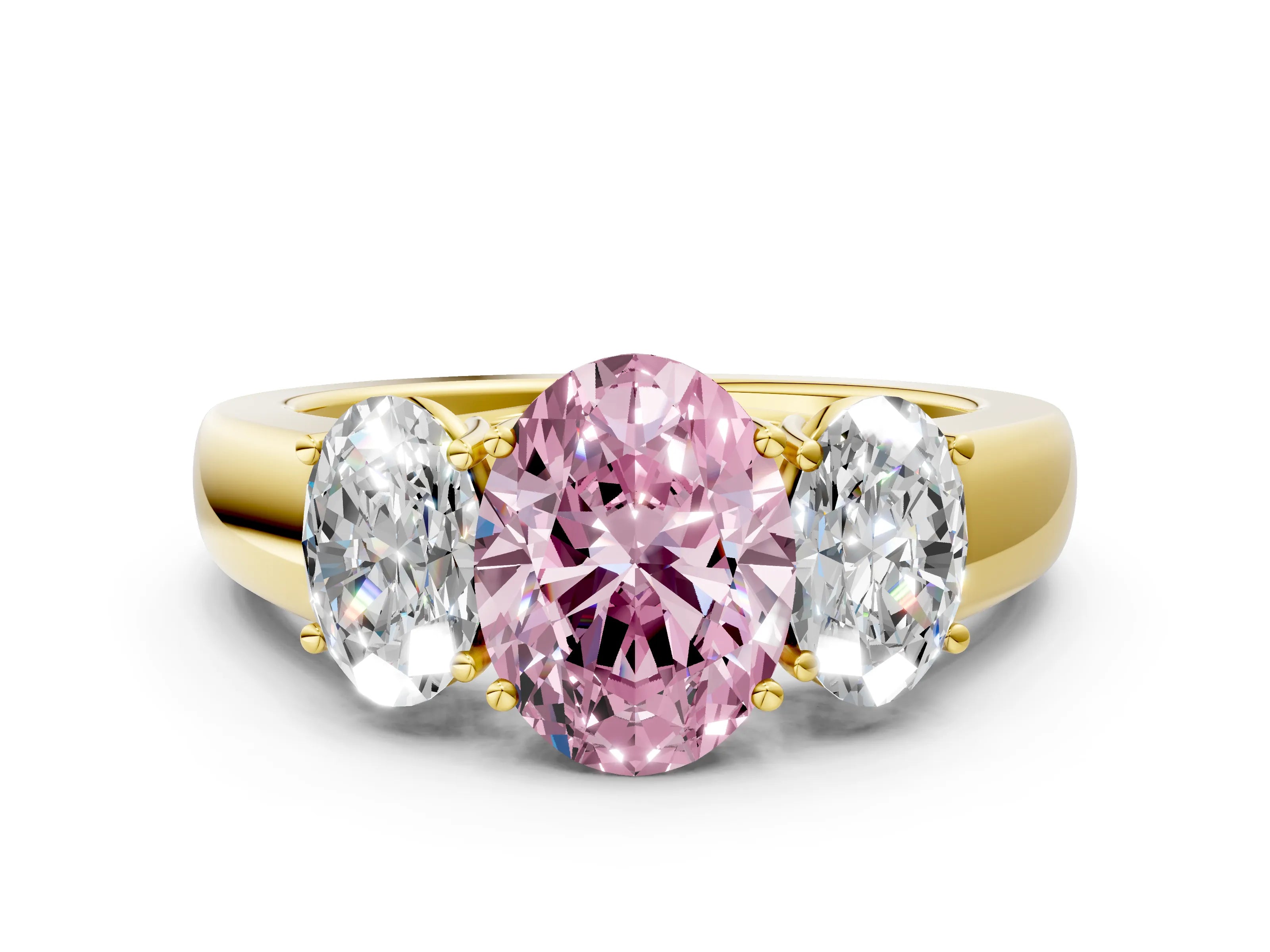 Yellow gold Three-Stone Fancy Pink Oval Cut Cut Diamond Ring with Prong Setting and Classic Band