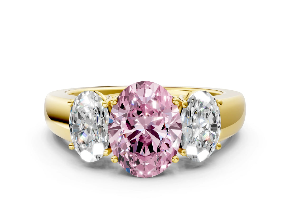 Yellow gold Three-Stone Fancy Pink Oval Cut Cut Diamond Ring with Prong Setting and Classic Band