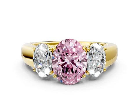 Yellow gold Three-Stone Fancy Pink Oval Cut Cut Diamond Ring with Prong Setting and Classic Band