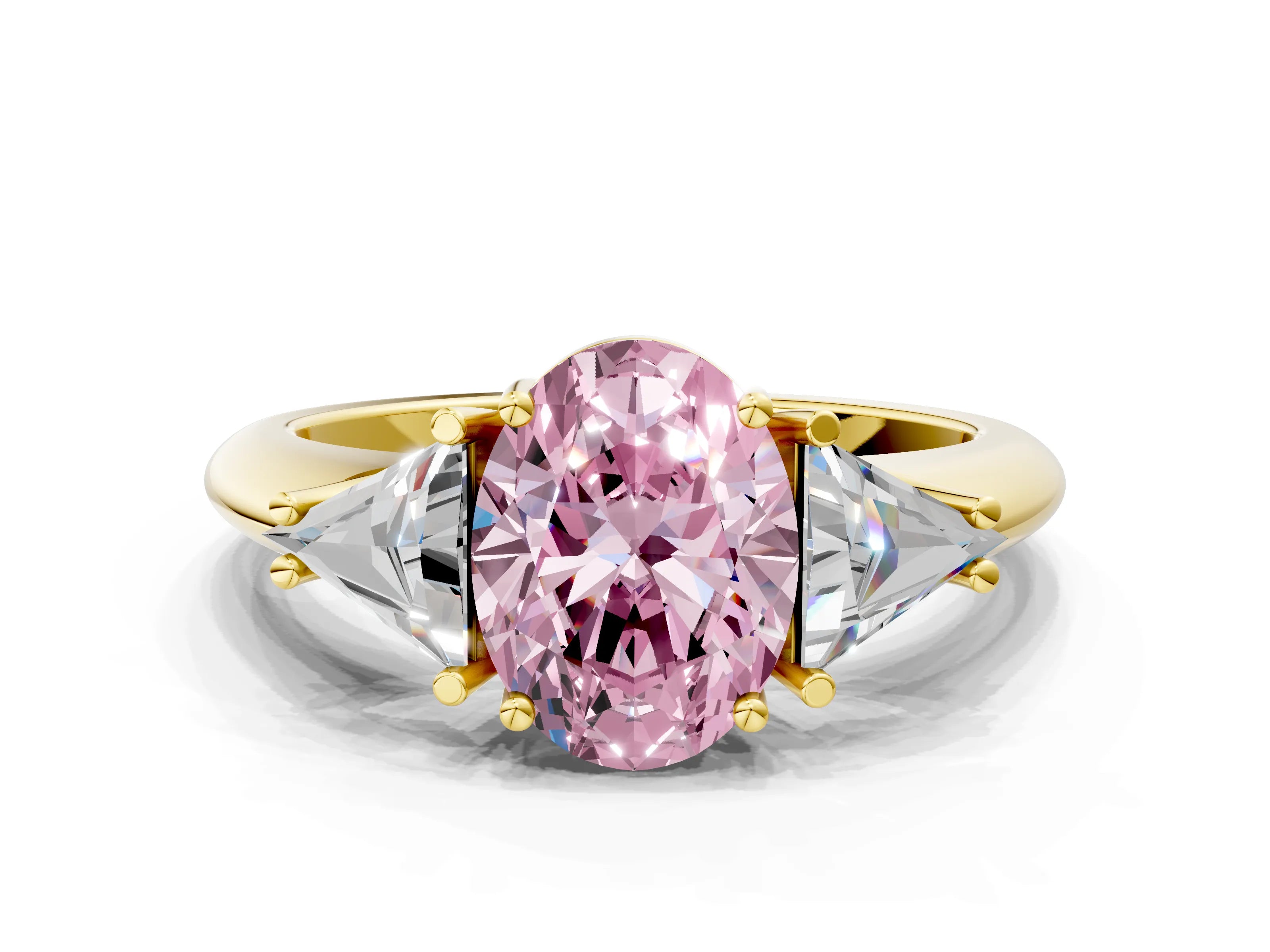Yellow gold Three-Stone Fancy Pink Oval Cut Cut Diamond Ring with Trillion Side Stones and Four-Prong Setting_3