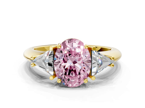 Yellow gold Three-Stone Fancy Pink Oval Cut Cut Diamond Ring with Trillion Side Stones and Four-Prong Setting_3