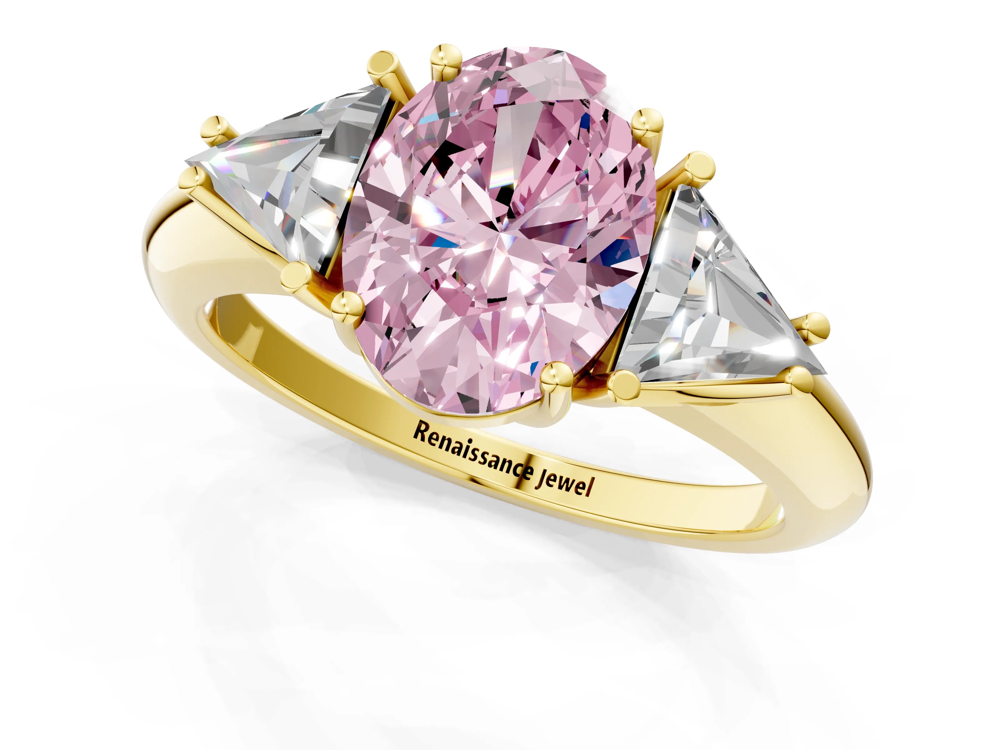 Yellow gold Three-Stone Fancy Pink Oval Cut Cut Diamond Ring with Trillion Side Stones and Four-Prong Setting_4