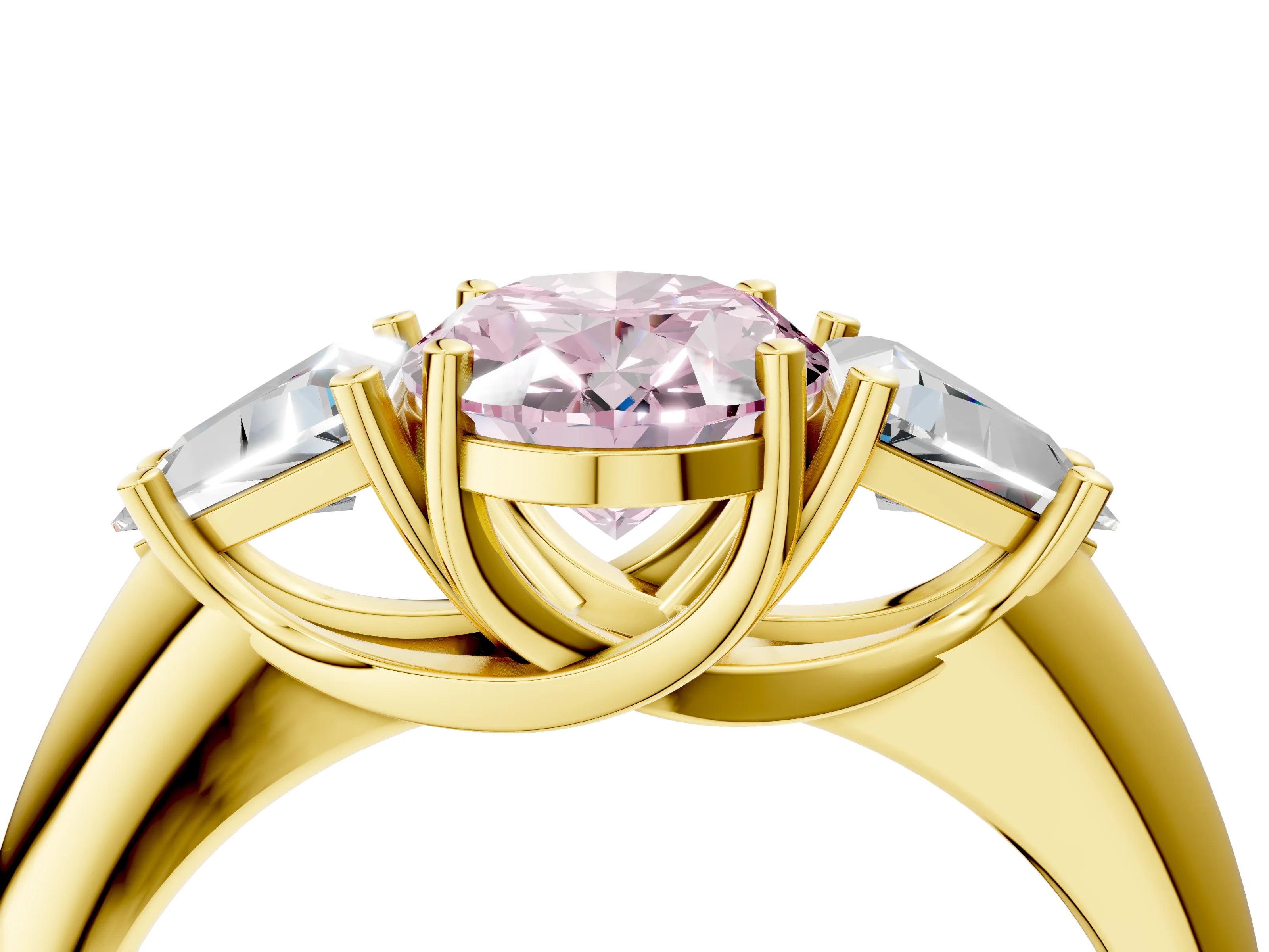 Yellow gold Three-Stone Fancy Pink Oval Cut Cut Diamond Ring with Trillion Side Stones and Four-Prong Setting_7