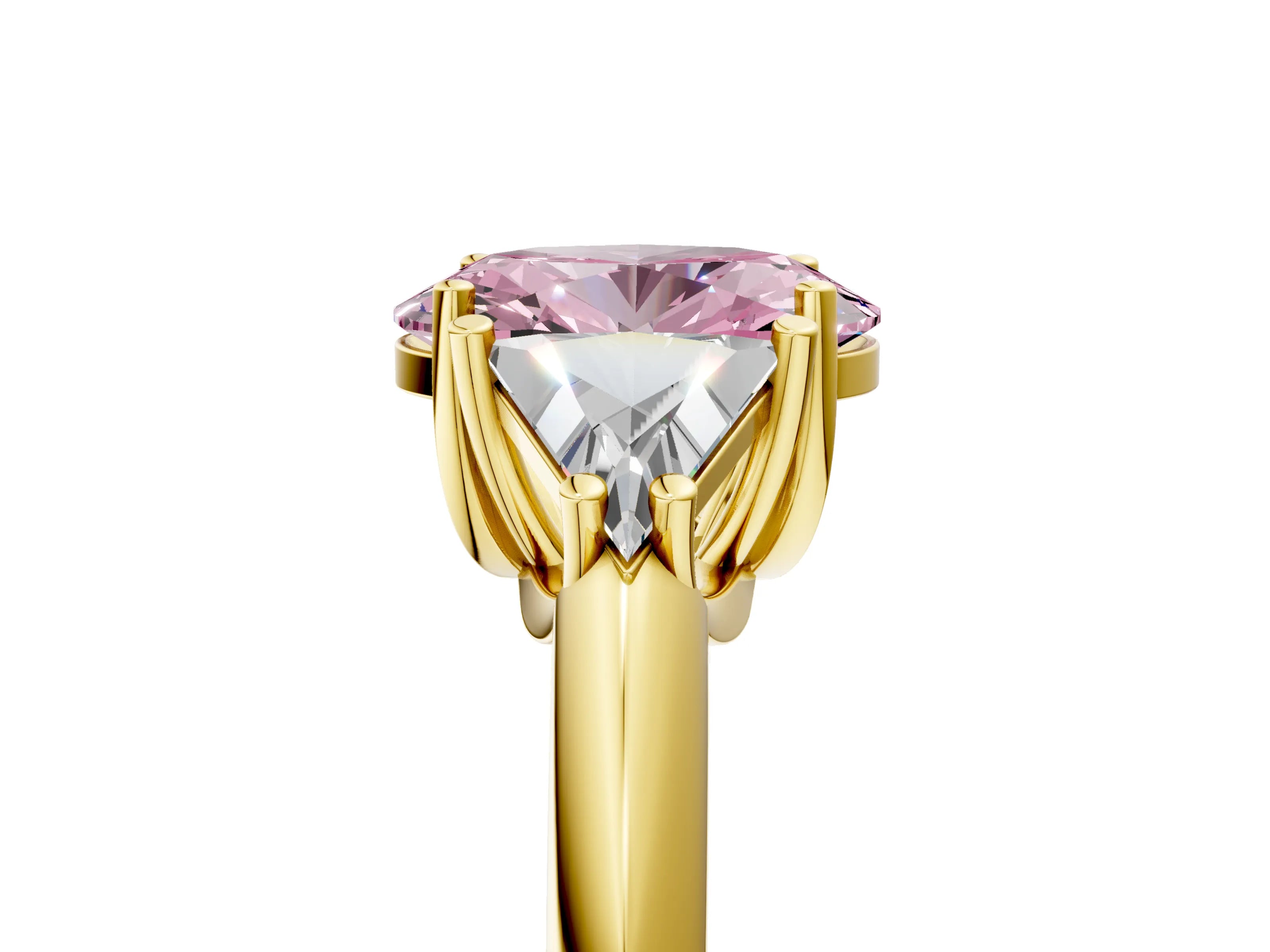 Yellow gold Three-Stone Fancy Pink Oval Cut Cut Diamond Ring with Trillion Side Stones and Four-Prong Setting_8