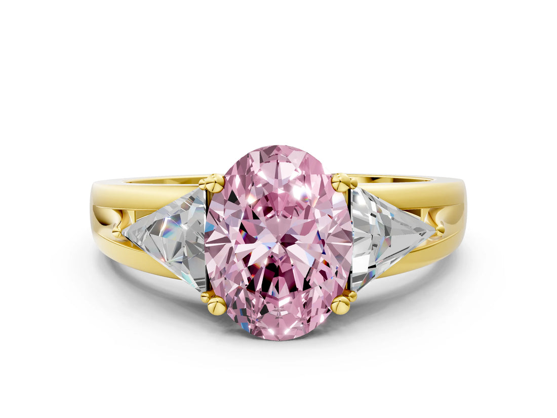 Yellow gold Three-Stone Fancy Pink Oval Cut Cut Diamond Ring with Trillion Side Stones on a Split Shank Band