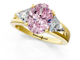 Yellow gold Three-Stone Fancy Pink Oval Cut Cut Diamond Ring with Trillion Side Stones on a Split Shank Band_1
