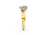 Yellow gold Three-Stone Fancy Pink Oval Cut Cut Diamond Ring with Trillion Side Stones on a Split Shank Band_2