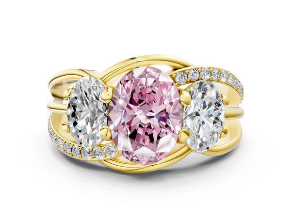 Yellow Gold Oval Three Stone Split Shank Engagement Ring Setting for Fancy Pink Center