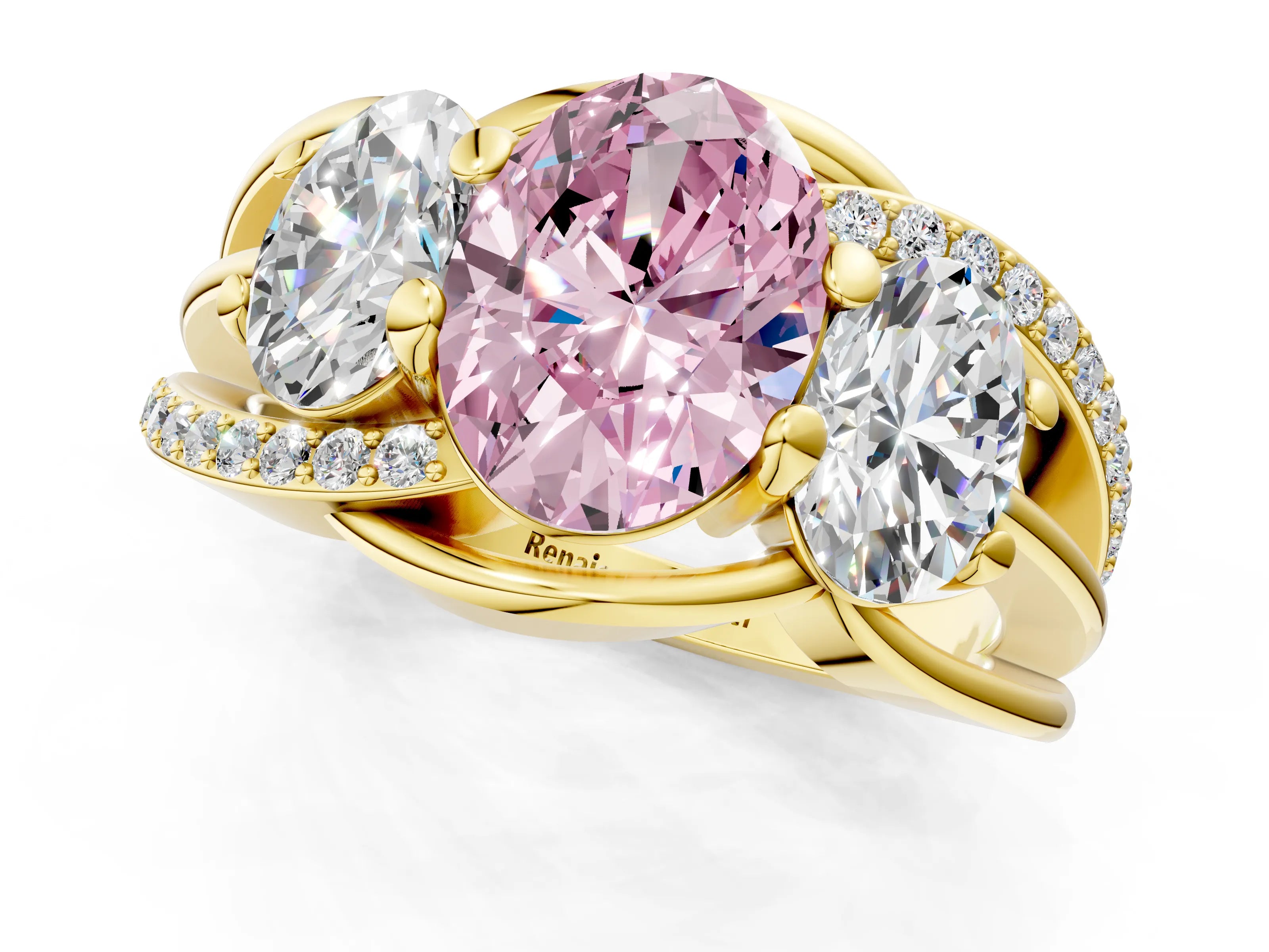 Yellow gold Three-Stone Fancy Pink Oval Cut Cut Diamond Split Shank Prong Set Ring_1