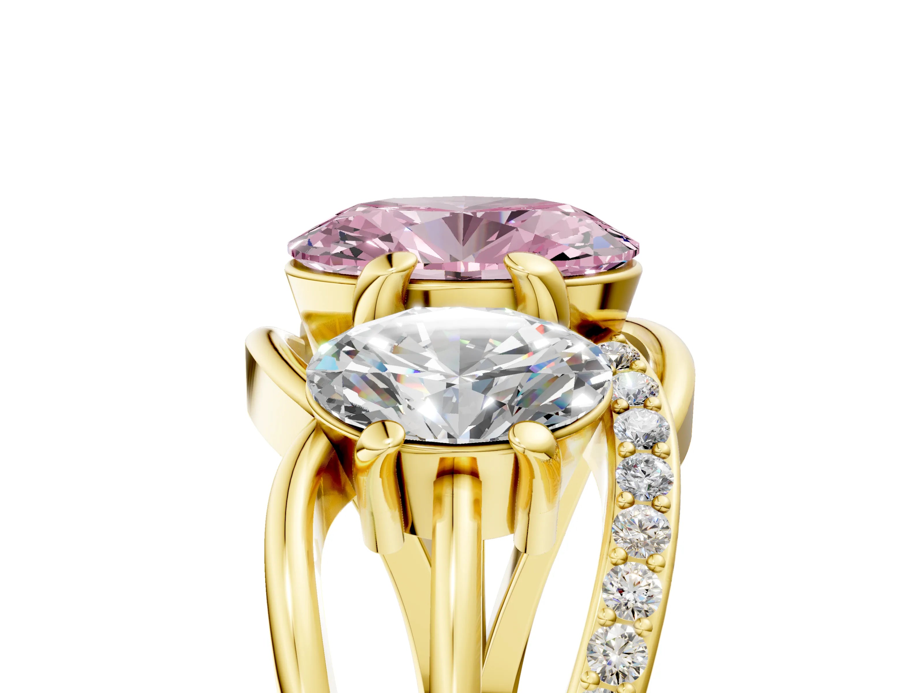 Yellow gold Three-Stone Fancy Pink Oval Cut Cut Diamond Split Shank Prong Set Ring_5