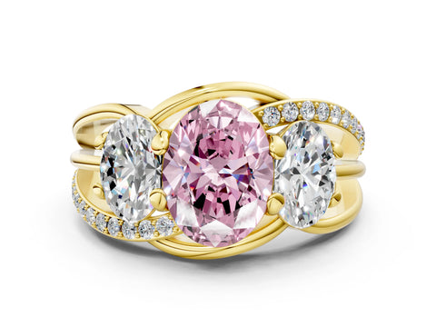 Yellow gold Three-Stone Fancy Pink Oval Cut Cut Diamond Split Shank Prong Set Ring