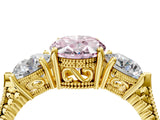 Yellow gold Three-Stone Fancy Pink Oval Cut Cut Milgrain Band Prong Setting Ring_4