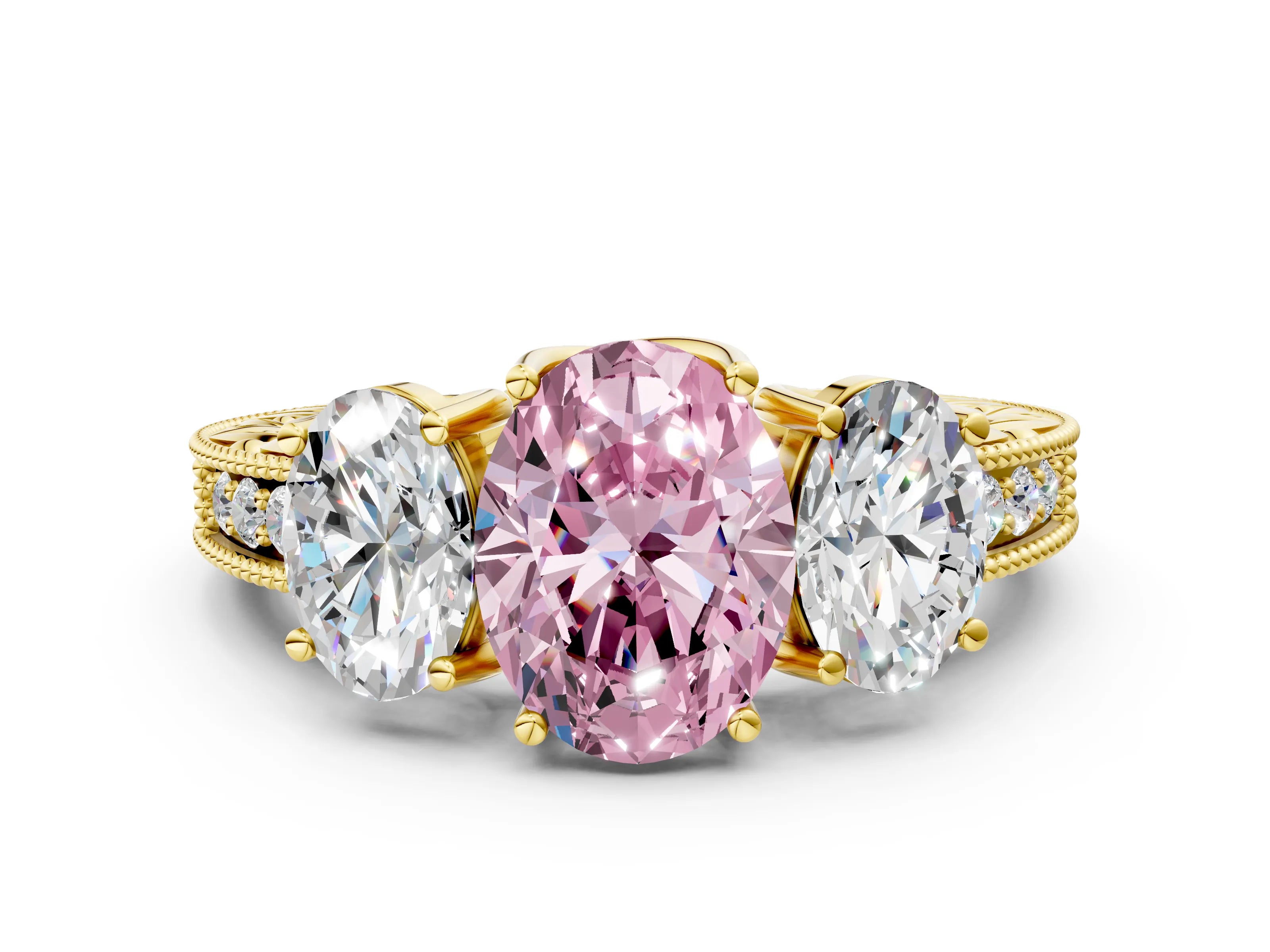 Yellow gold Three-Stone Fancy Pink Oval Cut Cut Milgrain Pavé Engagement Ring