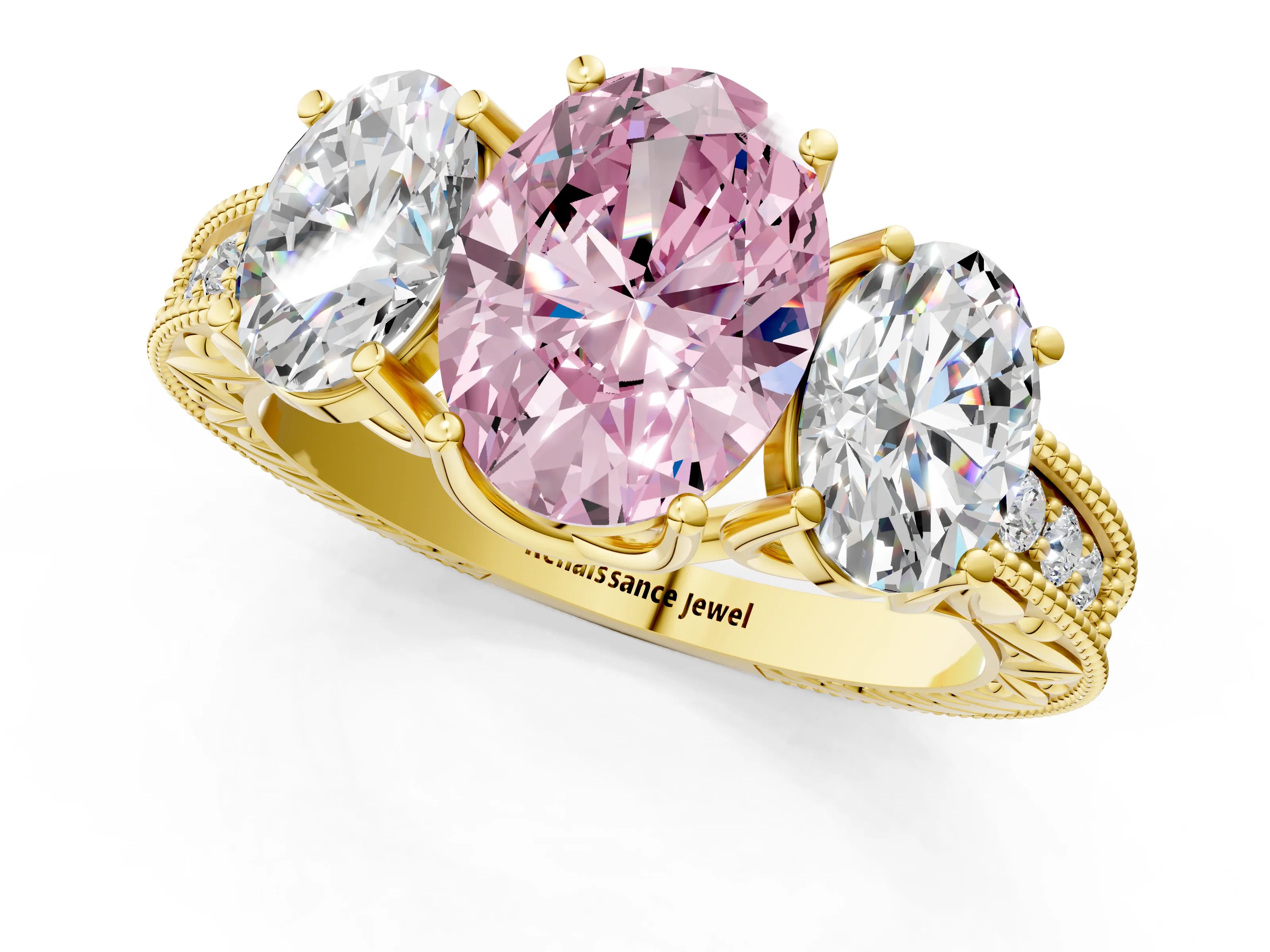 Yellow gold Three-Stone Fancy Pink Oval Cut Cut Milgrain Pavé Engagement Ring_1