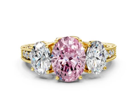 Yellow gold Three-Stone Fancy Pink Oval Cut Cut Milgrain Pavé Engagement Ring_12