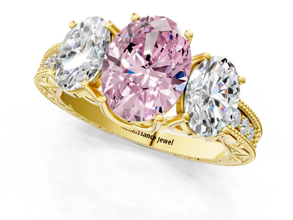 Yellow Gold Oval Engraved Three Stone Engagement Ring Setting for Fancy Pink Center