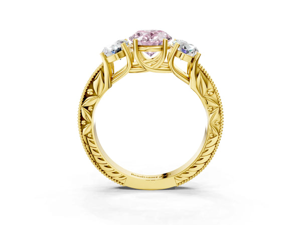 Yellow Gold Oval Engraved Three Stone Engagement Ring Setting for Fancy Pink Center