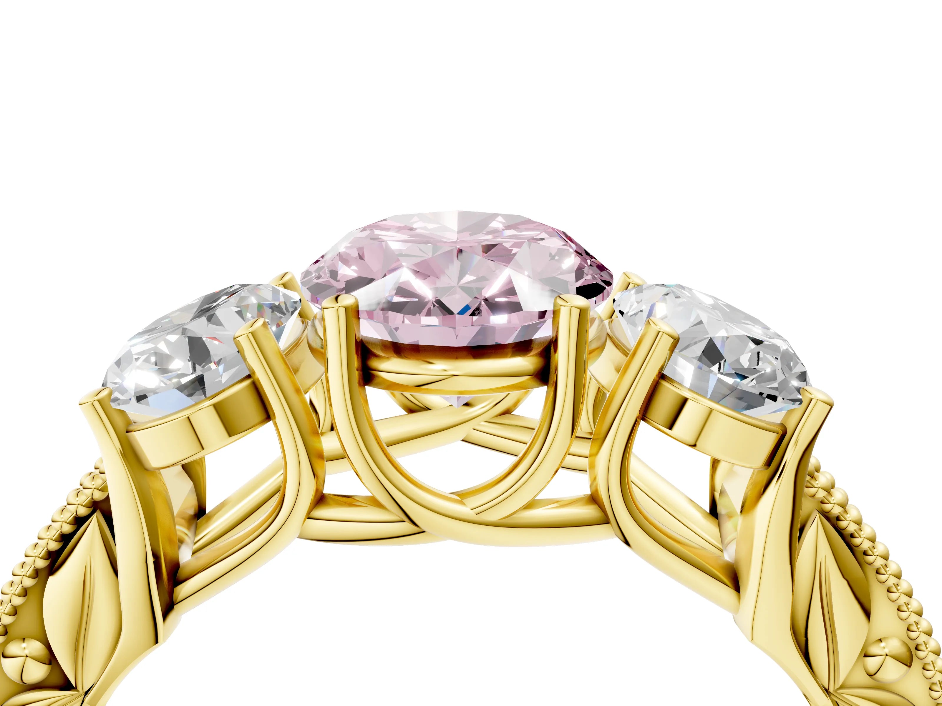 Yellow gold Three-Stone Fancy Pink Oval Cut Cut Milgrain Pavé Engagement Ring_16