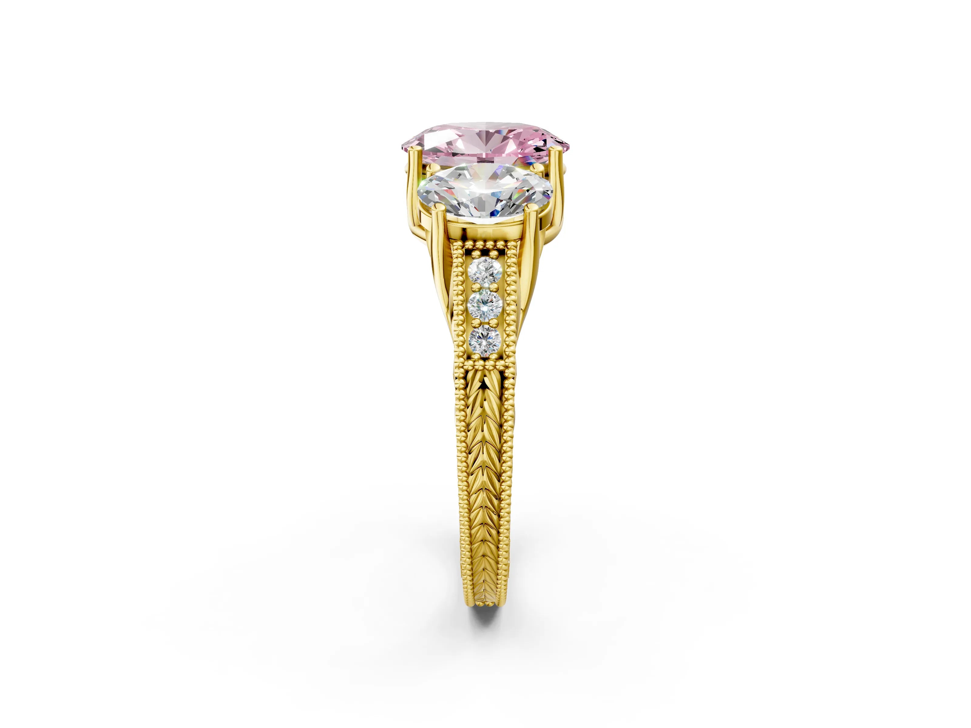 Yellow gold Three-Stone Fancy Pink Oval Cut Cut Milgrain Pavé Engagement Ring_2