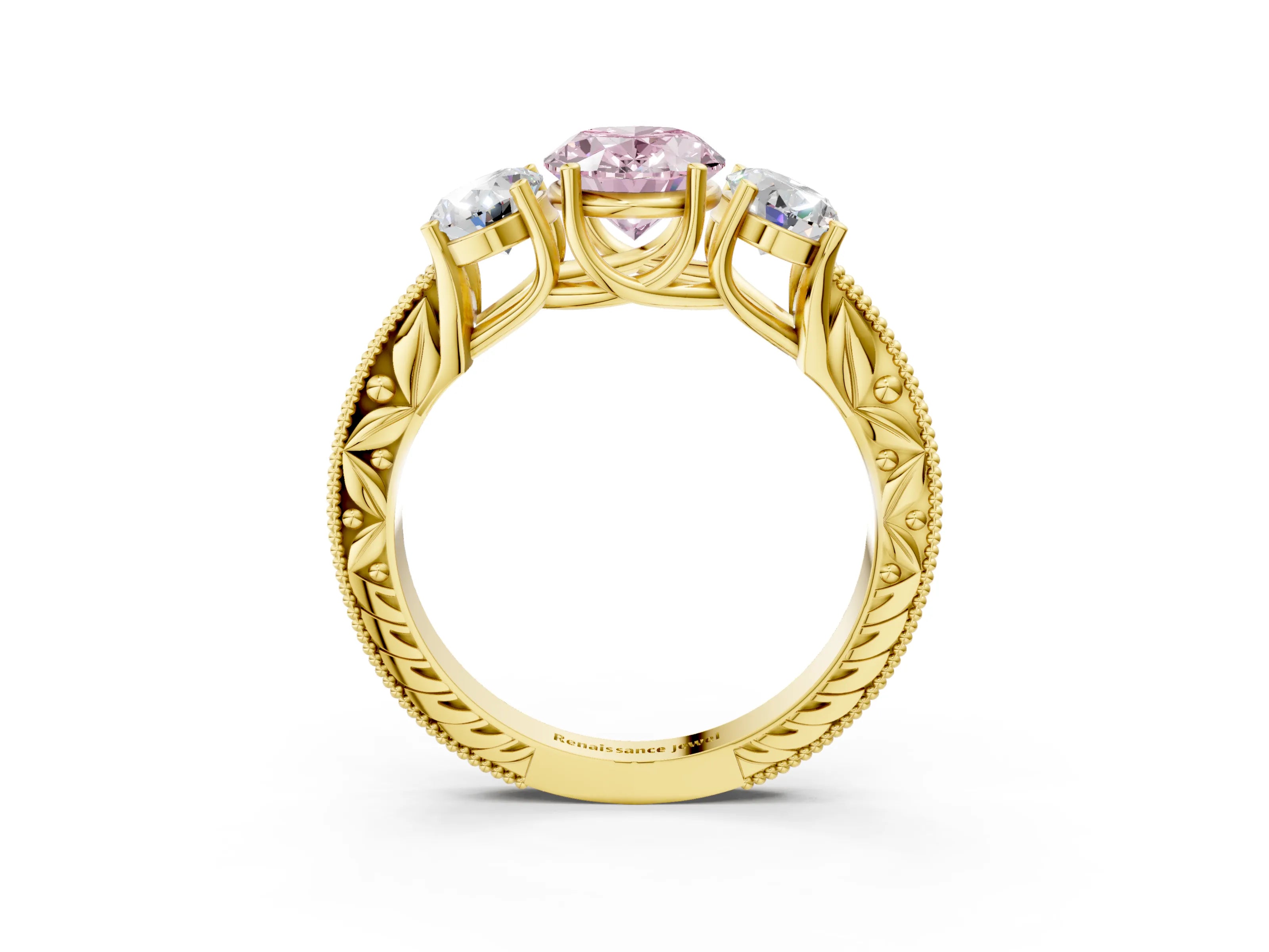 Yellow gold Three-Stone Fancy Pink Oval Cut Cut Milgrain Pavé Engagement Ring_3