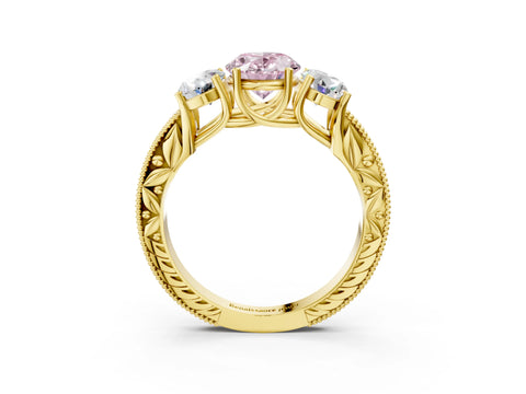 Yellow gold Three-Stone Fancy Pink Oval Cut Cut Milgrain Pavé Engagement Ring_3