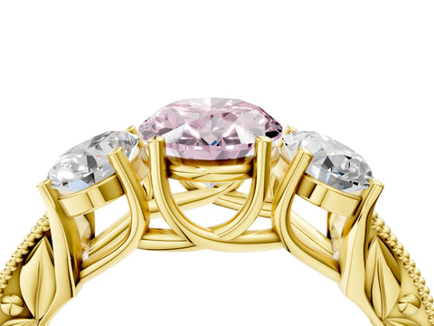Yellow gold Three-Stone Fancy Pink Oval Cut Cut Milgrain Pavé Engagement Ring_4