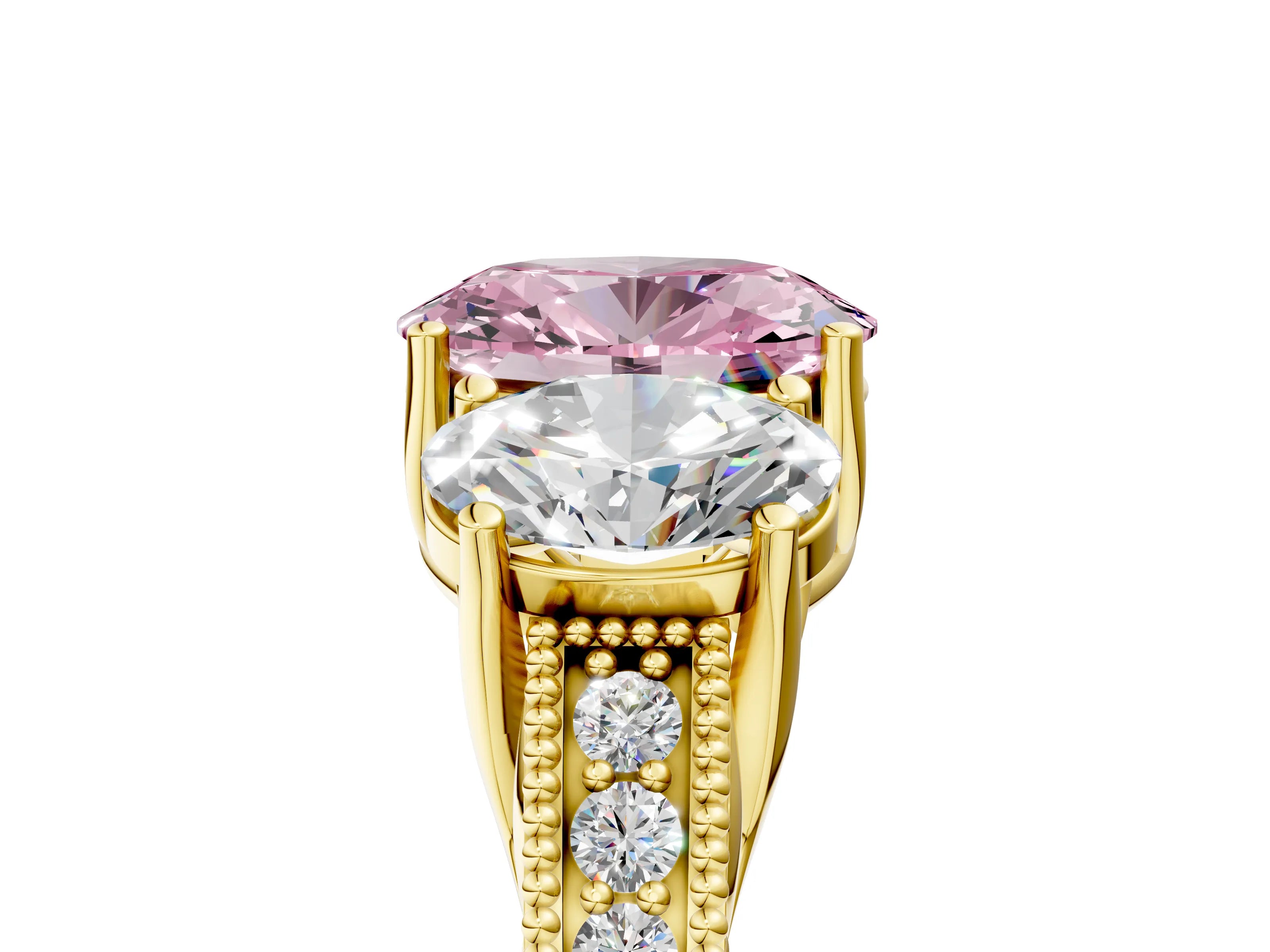 Yellow gold Three-Stone Fancy Pink Oval Cut Cut Milgrain Pavé Engagement Ring_5