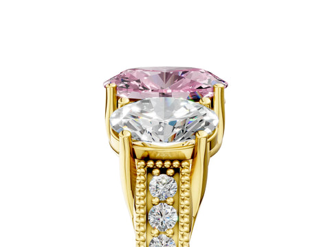 Yellow gold Three-Stone Fancy Pink Oval Cut Cut Milgrain Pavé Engagement Ring_5
