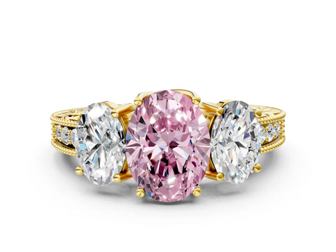 Yellow gold Three-Stone Fancy Pink Oval Cut Cut Milgrain Pavé Engagement Ring