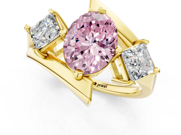 Yellow gold Three-Stone Fancy Pink Oval Cut Cut Tension Band Ring with Four-Prong Setting