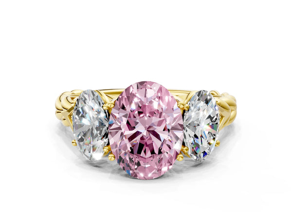 Yellow gold Three-Stone Fancy Pink Oval Cut Diamond Braided Band Ring with Four-Prong Setting