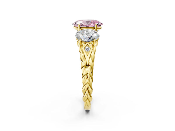 Yellow gold Three-Stone Fancy Pink Oval Cut Diamond Braided Band Ring with Four-Prong Setting