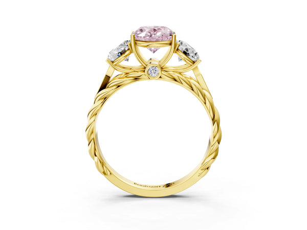Yellow gold Three-Stone Fancy Pink Oval Cut Diamond Braided Band Ring with Four-Prong Setting