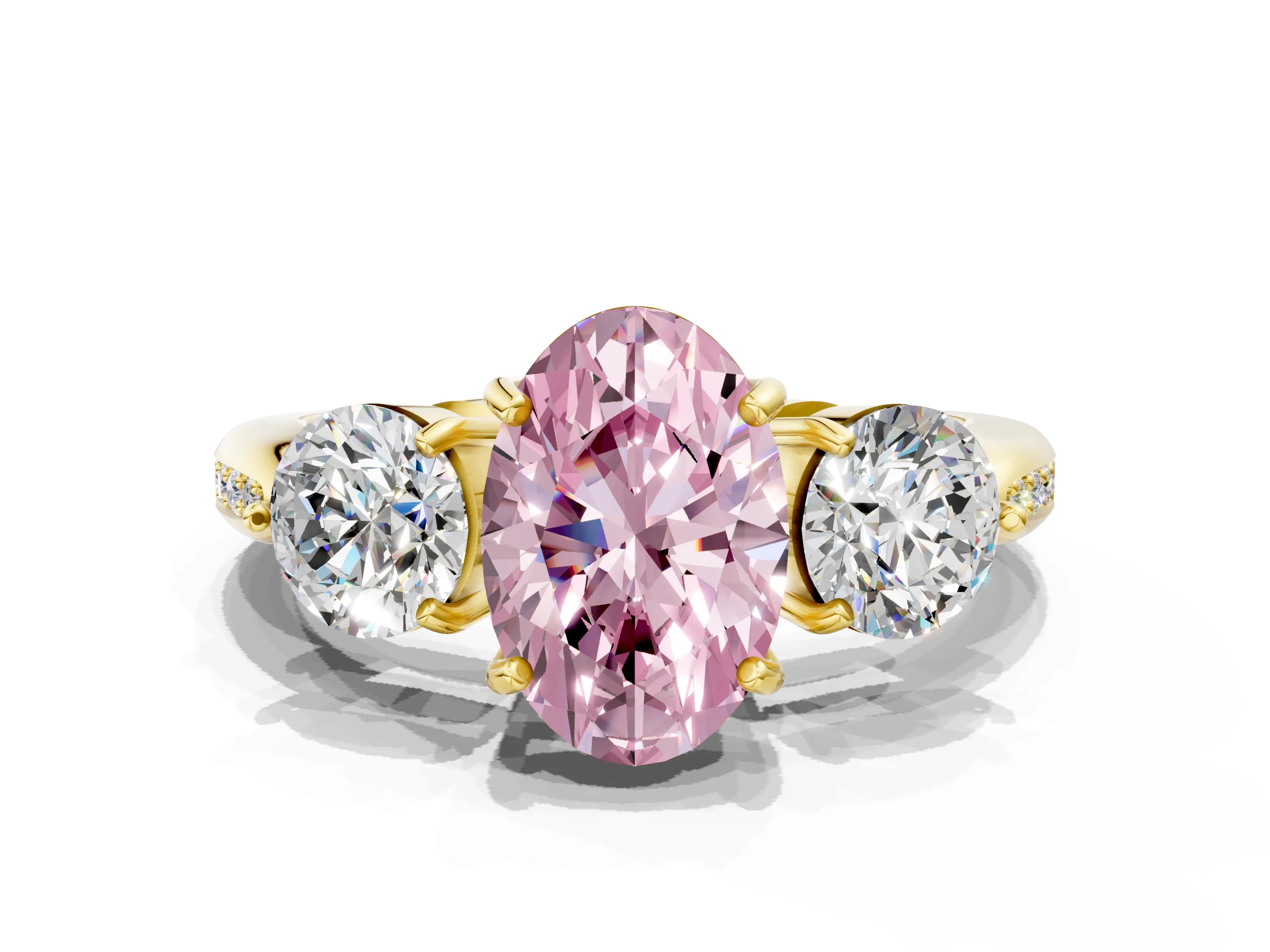 Yellow gold Three-Stone Fancy Pink Oval Cut Diamond Channel Set Engagement Ring with Prong Setting