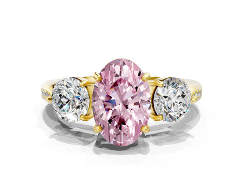 Yellow gold Three-Stone Fancy Pink Oval Cut Diamond Channel Set Engagement Ring with Prong Setting