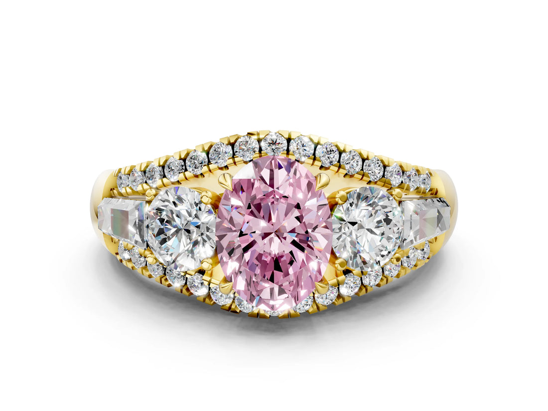 Yellow gold Three-Stone Fancy Pink Oval Cut Diamond Engagement Ring with Pave Band and Prong Setting