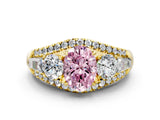 Yellow gold Three-Stone Fancy Pink Oval Cut Diamond Engagement Ring with Pave Band and Prong Setting