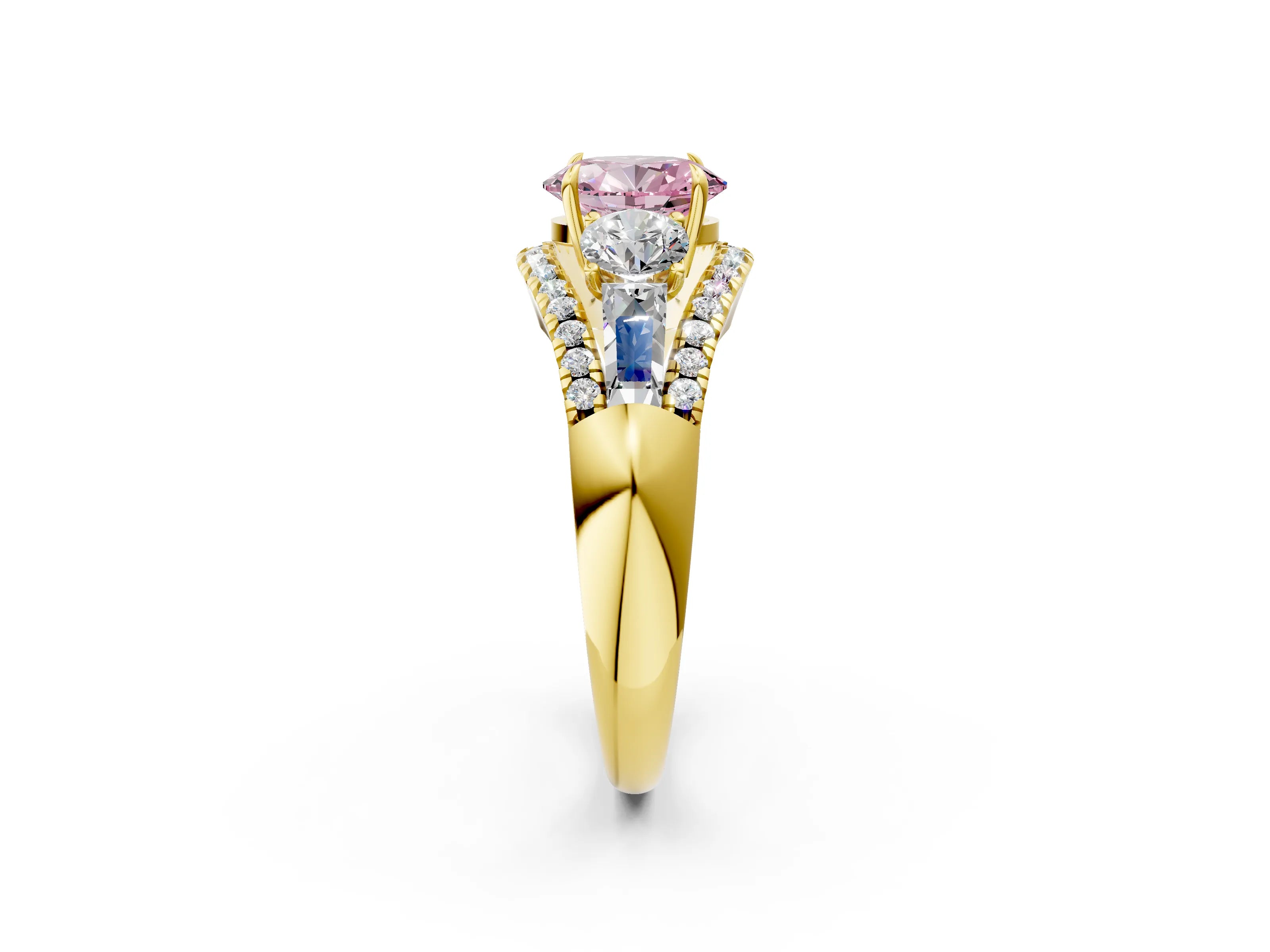 Yellow gold Three-Stone Fancy Pink Oval Cut Diamond Engagement Ring with Pave Band and Prong Setting_2